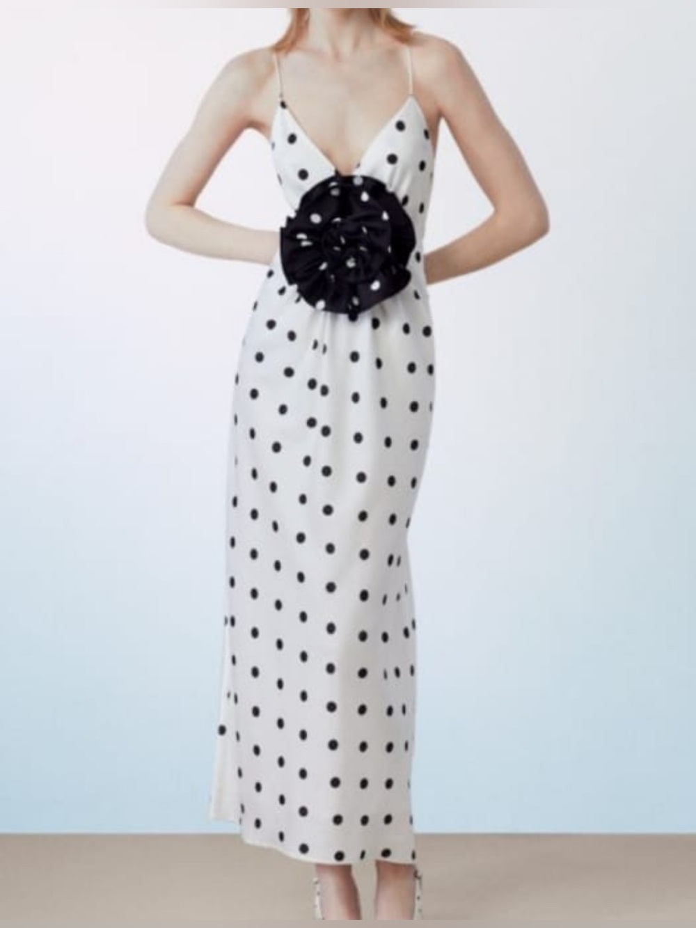 Sfera White and Black Polka Dot Slip Dress with Black Rosette